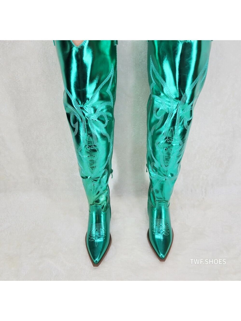 NIB Country Disco Cowboy Metallic Green Western Cowgirl OTK Thigh Boots - Picture 13 of 16
